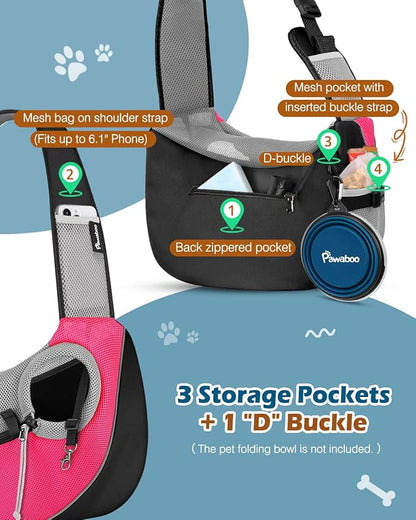 Pawaboo Dog Sling Carrier, Dog Papoose with Zipper Touch Pocket, Hand Free Breathable Mesh Puppy Carrier, Crossbody Satchel Dog Purse with Adjustable Strap for Outdoor Travel, Pink, Large