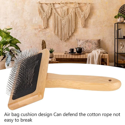 Macrame Slicker Comb with Hole Cushion Finely Polished Bamboo Cleaning Brush Sheepskin Wool Stainless Steel Pins Carding Rug Fur Brushes Long Prongs Pet (13.7x20.3x5.2cm