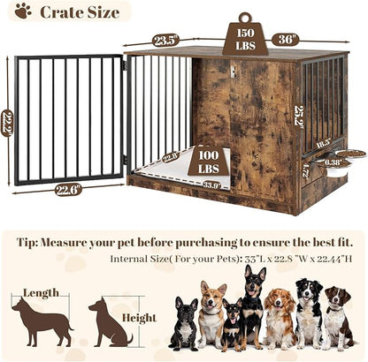 Dog Crate Furniture for Large Dogs, 36" Indoor Wooden Dog Kennel with 270° Swivel Door, 360° Rotating Feeder, Decorative Heavy Duty Dog House with Double Locks & Bowls, Rustic Brown