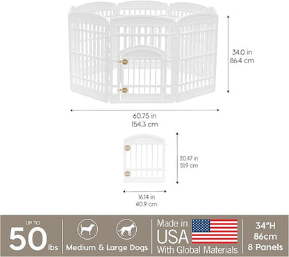IRIS USA 34" 8-Panel Dog Playpen with Door, 63 x 63 x 35, Puppy Playpen, Dog Play Pen Indoors, Pet Fence, Medium Pets, White