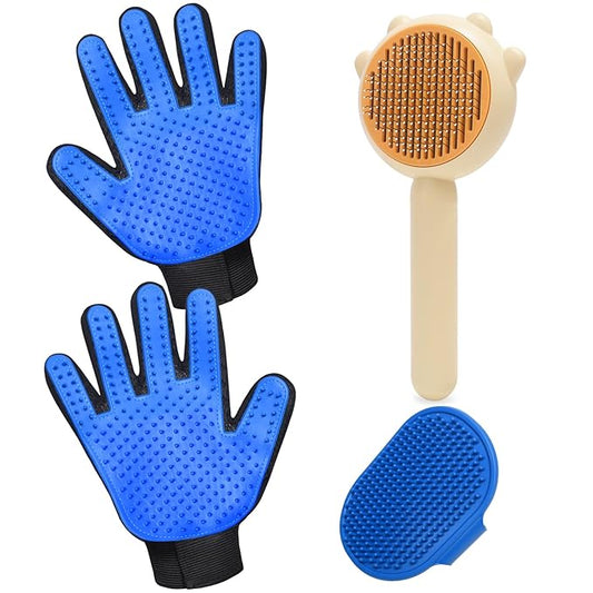 GJEASE Cat Grooming Glove Brush,Self-Cleaning Slicker Pet Brush for Short and Long Haired pets,Dog Bath Brush for Shedding and Grooming,Removes Loose Hair and Tangles,Promote Circulation
