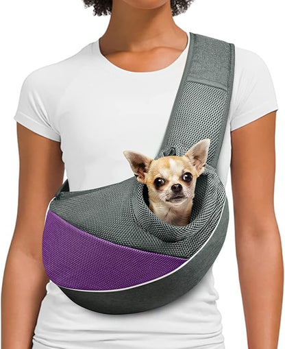 Dog Cat Sling Carrier, Adjustable Padded Shoulder Strap, with Mesh Pocket for Outdoor Travel (S - Up to 6 lbs, Light Purple - Grey)
