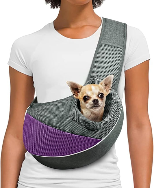 Dog Cat Sling Carrier, Adjustable Padded Shoulder Strap, with Mesh Pocket for Outdoor Travel (S - Up to 6 lbs, Light Purple - Grey)
