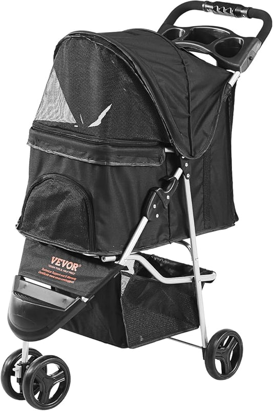 VEVOR Pet Stroller for Dogs and Cats up to 35lbs, 3 Wheels Folding Dog Cat Stroller for Medium Small Dogs, Portable Lightweigh Puppy Doggy Doggie Jogging Stroller with Storage Basket and Cup Holder