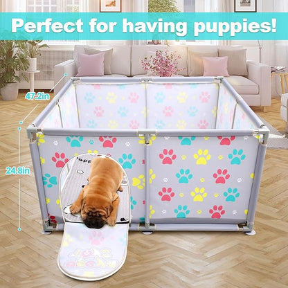 2025 Upgraded Whelping Box for Dogs,24.8’’Extra Tall Dog Whelping Pen with Whelping Pad,Dog Whelping Supplies for Large Small Breed Dogs(47" Dia.x24.8 H) (Grey)