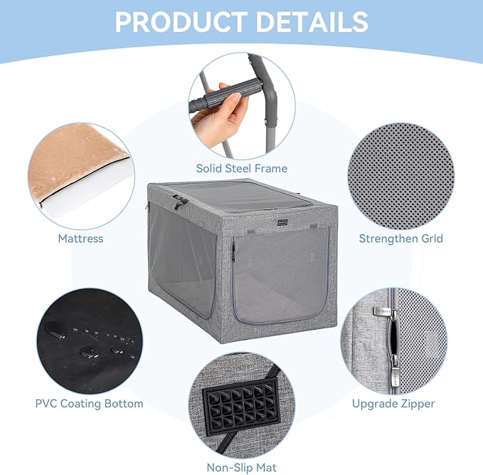 PETSFIT Dog Travel Crate, Soft Sided Dog Crate - 24 Inch Easy Set-up, Light, Sturdy, Comfy Inside with Thicken Mat, Soft Crate for Home and Travel Gray