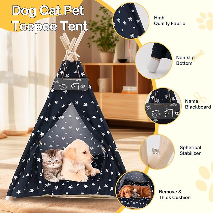Pet Teepee Tent for Dogs & Cats, 24 Inch & 43 Inch Portable Indoor Dog House with Thick Cushion, Cat Teepee Washable Tent Dog Teepee Bed Indoor (43 Inch, Navy Blue Stars)