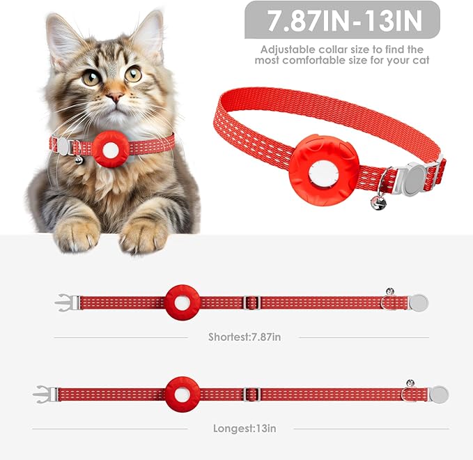Cat Tracker, Waterproof Pet Tracker for Cats, Cat Tracker Collar with Safety Elastic Buckle, Works with Any Collar,GPS Tracker Compatible with Apple Find My App (Only iOS), No Monthly Fee, Red-40318