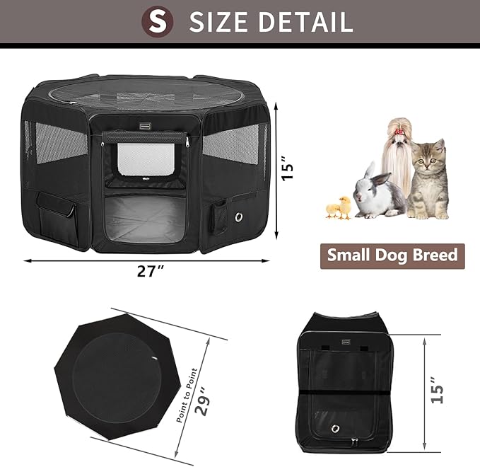 DONORO Dog Playpen Portable Pet Play Pens for Small Dog/Cat/Rabbit/Chicks, Cat Playpen Indoor/Outdoor with Carring Case, Removable Zipper Top and Bottom (Black, Small (29"x29"x15"), 8)