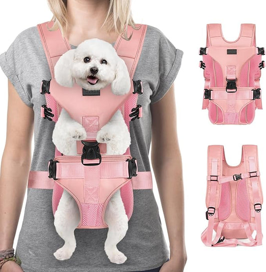 YUDODO Dog Backpack Carrier with Adjustable Safety Buckle Easy-fit Pet Dog Front Carrier for Small Medium Dog Legs Out Dog Chest Carrier for Traveling Walking Cycling (Small, Pink)