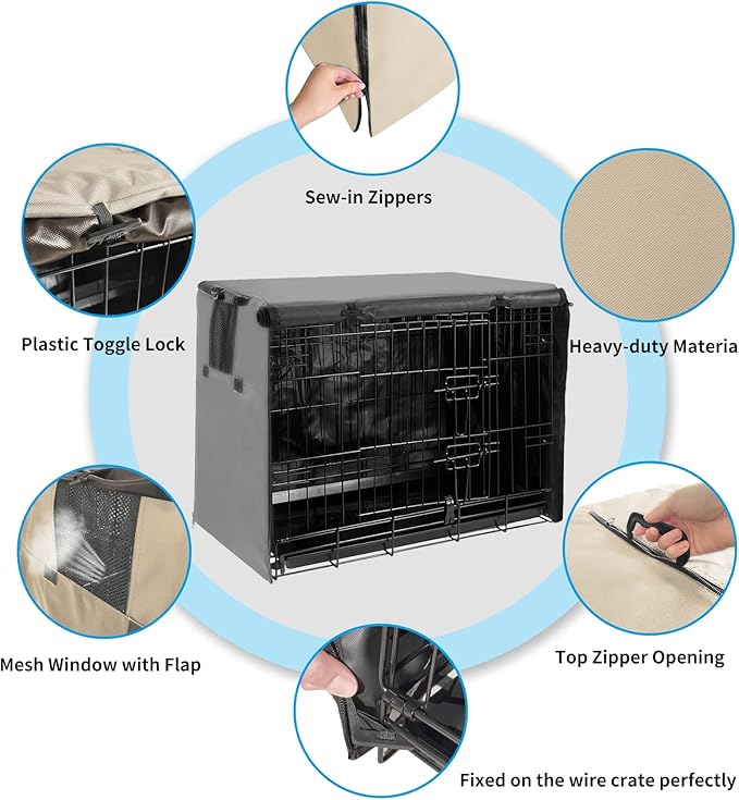 36 Inch Dog Crate Cover, Pet Kennel Cover for Wire Large Dog Cage with1 2 3 Doors, Durable Waterproof 600D Oxford Fabric Indoor/Outdoor Khaki