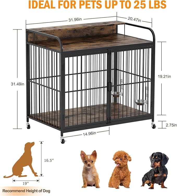 32 Inch Dog Crate Furniture, Dog Cages with Adjustable Feeder Height, Ideal for Small Dogs, Equipped with 360-Degree Swivel Casters for Smooth Mobility, Rustic Brown