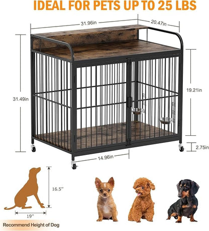 32 Inch Dog Crate Furniture, Dog Crate with Adjustable Height Feeder, Designed for Small Dogs, Featuring 360-Degree Swivel Wheels for Easy Movement, Rustic Brown Finish