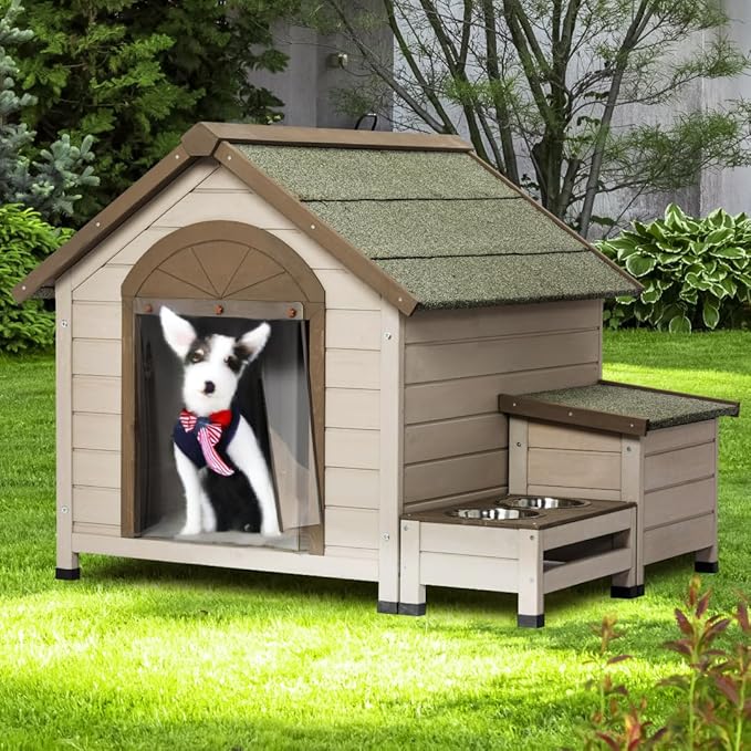 NicBex Dog Houses for Small Medium Large Dogs with Open Roof,Storage Box,2 Feeding Bowls Outdoor & Indoor,Wooden Puppy Shelter Large Doghouse with Porch for Winter,Durable &Waterproof,Brown