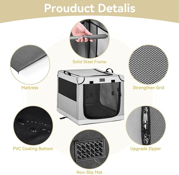PETSFIT Soft Sided Dog Crate, Travel Dog Crate - 30 Inch Easy Set-up, Light, Sturdy, Comfy Inside with Thicken Mat, Collapsible Kennel for Home and Travel Light Grey