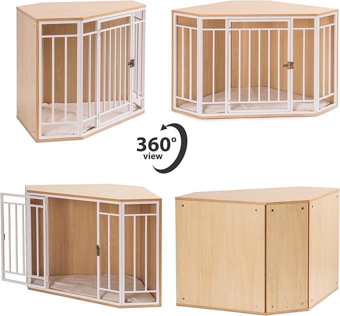 MEWOO Corner Dog Crate Furniture with Cushion, Wooden Dog Kennel End Table, Doghouse, Pet Crate for Indoor Use, Dog Cages for Small Medium Dogs Indoor