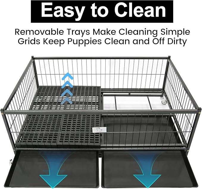 Homey Pet 43" Dog Whelping Box for Puppies, Heavy Duty Metal Whelping Box for Small Breed Dogs with Washable Plastic Floor, Removable Tray and Four Lockable Wheels