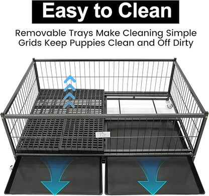 Homey Pet 43" Dog Whelping Box for Puppies, Heavy Duty Metal Whelping Box for Small Breed Dogs with Washable Plastic Floor, Removable Tray and Four Lockable Wheels