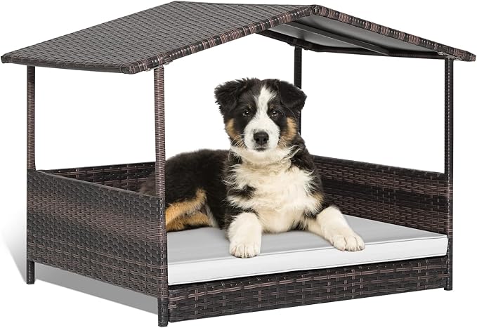 Giantex Wicker Dog House, Raised Rattan Dog Bed with Waterproof Roof, Washable Cushion Cover, Steel Frame, Indoor Outdoor Elevated Dog Bed Pet House for Small Medium Dogs Cats, Easy Assembly