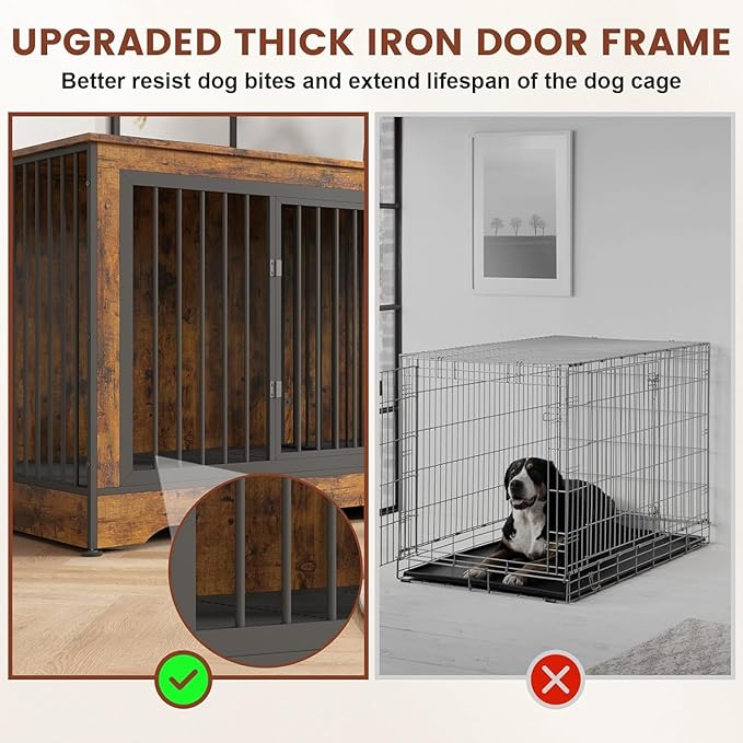 75 Inch Double Dog Crate Furniture, 3 in 1 Dog Cage for Large Dogs, Durable Brown TV Stand Dog Crate with Trays and Divider, Double Dog Kennel for 2 Dogs