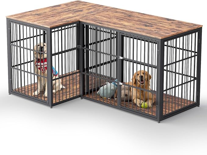 48'' L-Shaped Corner Dog Crate Furniture Large Breed with Double Rooms,Wooden Dog Crate End Table Indoor with Removable Divider for Small to Medium Dogs, Can Use Separately