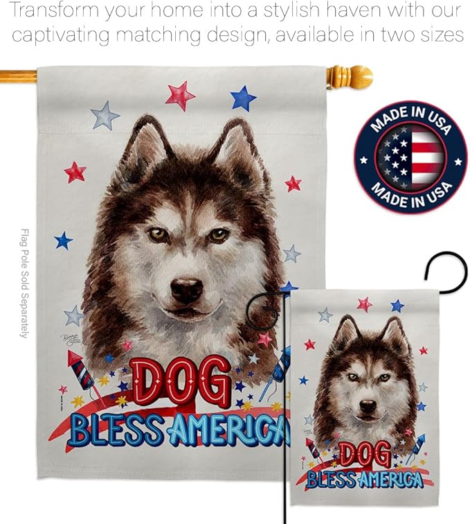 Breeze Decor Patriotic Brown Siberian Husky House Flag-Eagle Set Dog Puppy Spoiled Paw Canine Fur Pet Nature Farm Animal Creature Banner Small Garden Yard Gift Double-Sided, Made in USA