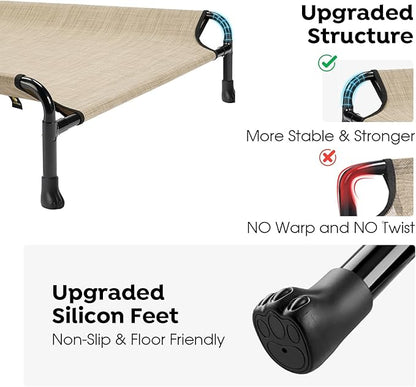 Veehoo Elevated Dog Bed, Cooling Raised Dog Bed with Guardrail & Headrest, Upgraded Non-Slip Silicon Feet, Breathable Teslin Mesh, Portable Pet Cot for Indoor and Outdoor, Medium, Beige Coffee CWC2404