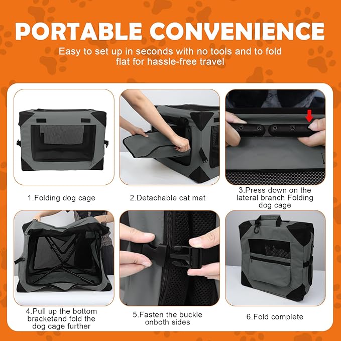 Wdmiya Dog Crates for Medium & Large Dogs, Portable Travel Dog Crate with Chew Proof Mesh, Soft Collapsible Dog Crate with Absorbent Dog Pad, Car Dog Kennel Indoor & Outdoor 4-Door (Grey, l)