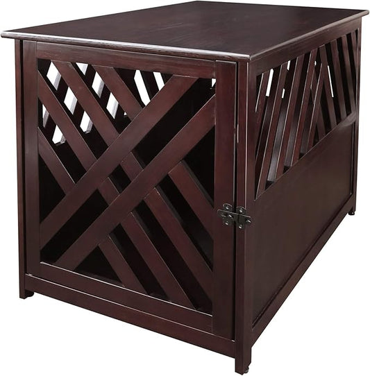 Casual Home Modern Lattice Wooden Pet Crate End Table - Espresso, Lockable, Spacious, Comfortable, Dog