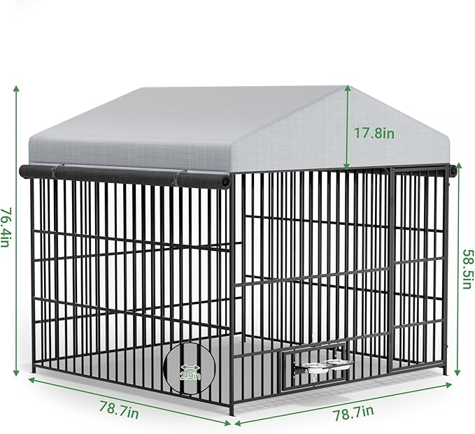 Outdoor Dog Kennel - 6.6 x 6.6 x 6.4 ft Outside Dog Kennel with Roof, Large Dog Outdoor Kennel with Rotating Feeding Bowls for Medium Small Dogs