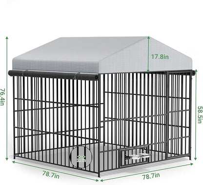 Outdoor Dog Kennel - 6.6 x 6.6 x 6.4 ft Outside Dog Kennel with Roof, Large Dog Outdoor Kennel with Rotating Feeding Bowls for Medium Small Dogs