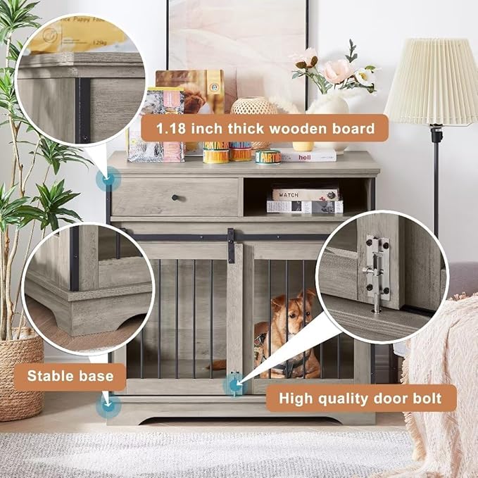 Dog Crate Wooden Furniture Dog Crate with Drawers Furniture Style Dog Cage with Side Door for Medium and Large Dogs,35.43" x 23.62" x 33.46",Grey