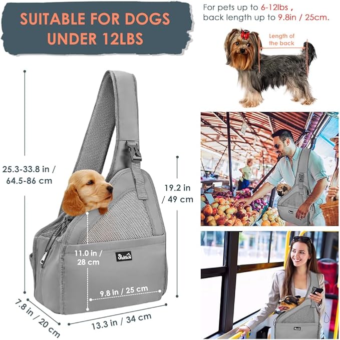 Lukovee Dog Slings for Small Dogs, Hard Bottom Support & Adjustable Soft Padded Shoudler Strap Dog Sling Carrier, Dog Purse with Button Closure & Zipper Pockets (for Pets 6-12 lbs, Grey)
