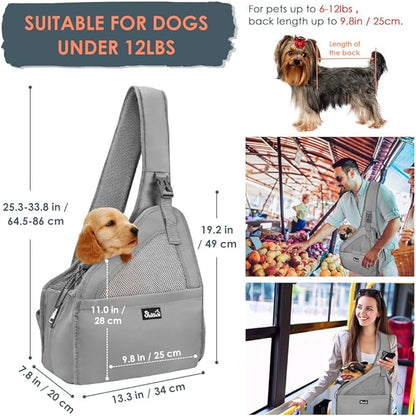 Lukovee Dog Slings for Small Dogs, Hard Bottom Support & Adjustable Soft Padded Shoudler Strap Dog Sling Carrier, Dog Purse with Button Closure & Zipper Pockets (for Pets 6-12 lbs, Grey)