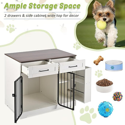 Ball & Cast 37.4" 2-in-1 Dog Crate Furniture,Modern Indoor Kennel with 2 Drawers&Storage Shelves,Double Doors&Double Locks Design for 26-40 lbs Dogs,Living Room,Kitchen,Entryway Side Table,White
