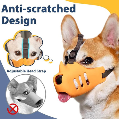 LUCKYPAW Dog Muzzle, Soft Muzzle for Small Medium Dogs Poodle Dachshund, Breathable Silicone Cage Mouth Cover to Prevent Biting and Chewing, Funny Rhino Muzzle with Adjustable Head Strap(Yellow, S)