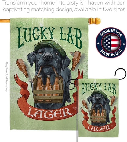 Breeze Decor Lucky Lab Lager House Flag Pack Dog Puppy Spoiled Paw Canine Fur Pet Nature Farm Animal Creature Applique Decoration Banner Small Garden Yard Gift Double-Sided, Made in USA
