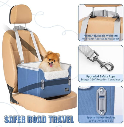 PETSFIT Small Dog Car Seat, Puppy Portable Dog Booster seat for Car with Clip-On Leash, Adjustable Straps Suitable for Small Pets Up to 25lbs (Navy Blue)