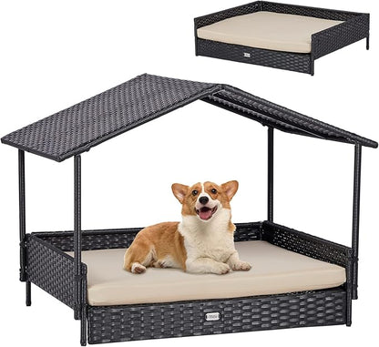 NATURAL EXPRESSIONS 2-in-1 Wicker Dog House,Elevated Dog Bed for Indoor/Outdoor with Removable Canopy,Large Dog House with Raised Pet Cot Cool, Breathable, Shade, waterrproof with Non-Slip Feet