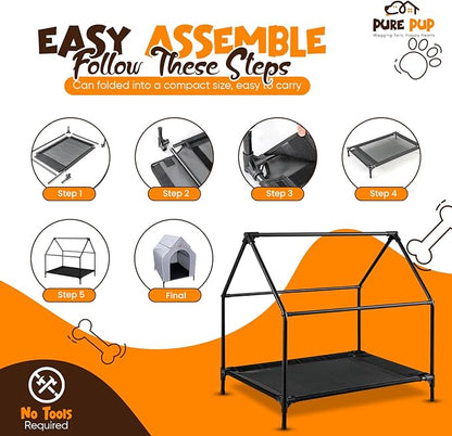 Outdoor Dog House with Elevated Bed, Weatherproof Canopy, Breathable Mesh Fabric with Windows – Ideal Shelter for Large Breeds