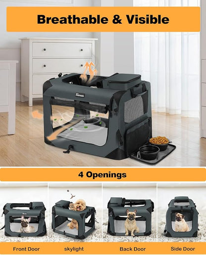 Large Cat Carrier 24"x16"x16", Soft Dog Crate with 2 Bowls, Collapsible Travel Pet Carrier Bag for Cats Dogs Puppies Kittens (Grey)