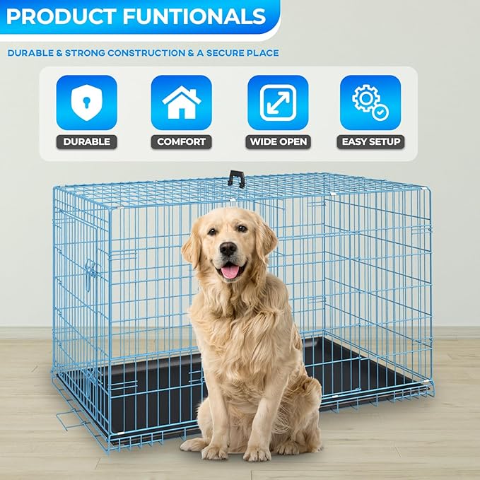FDW Dog Crate for Large Dogs 48 Inch Folding Metal WirePet Cage Double Door W/Divider Panel Indoor Outdoor Kennel Leak-Proof Plastic Tray,Blue