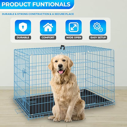 FDW Dog Crate for Large Dogs 48 Inch Folding Metal WirePet Cage Double Door W/Divider Panel Indoor Outdoor Kennel Leak-Proof Plastic Tray,Blue