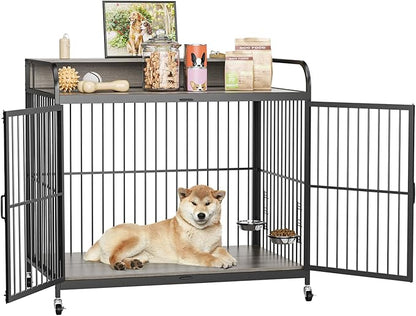 Dog Crate Furniture, Dog Crate Indoor with Adjustable Height Bowls, Wooden Heavy Duty, 39.8 Inch Dog Kennel Furniture for Medium Dogs, 39.8" L X 22.5" W X 38.6" H,Grey