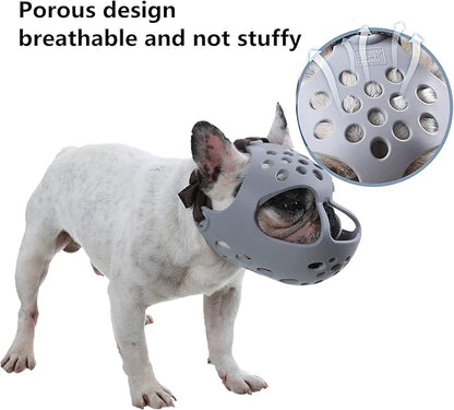 Short Snout Dog Muzzles,Soft Silicone Adjustable Breathable Bulldog Muzzle for Biting Chewing Barking Training,Ideal for Flat-Faced Dogs (Large, Grey)