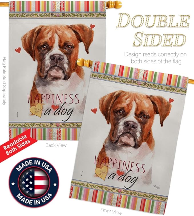 Breeze Decor Boxer Happiness Garden House Flag Kit Dog Puppy Spoiled Paw Canine Fur Pet Nature Farm Animal Creature Decoration Banner Small Yard Gift Double-Sided, Made in USA