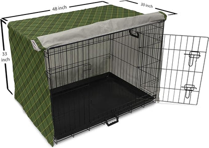 Lunarable Green Dog Crate Cover, Traditional Old Fashioned Argyle Pattern Retro Style Plaid, Easy to Use Pet Kennel Cover for Medium Large Dogs, 48 Inch, Forest Green Green