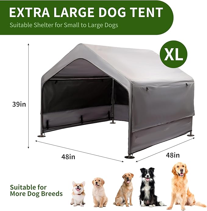 Extra Large Dog House Outside, Dog Tent Outdoor, Big Dog Shade Shelter Doghouse Canopy With Three-Sided Breathable Mesh Windows, Gray Sun Rain Cover For Pet Cat Goat Livestock 4'x 4'x 3.3'