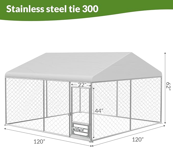 Rovibek 10x10 Ft Outdoor Dog Kennel, Outside Dog Kennel with Roof, Dog Kennels Outdoor with 2 Steel Dog Bowls, Outside Kennel for Large Dogs