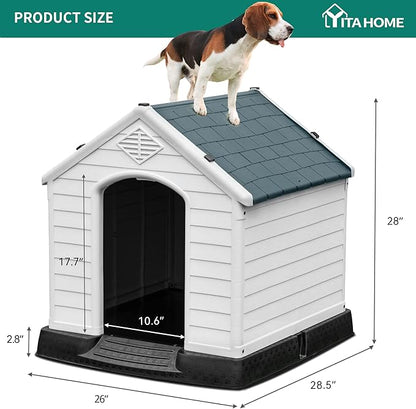 YITAHOME 28.5'' Large Plastic Dog House Outdoor Indoor Doghouse Puppy Shelter Water Resistant Easy Assembly Sturdy Dog Kennel with Air Vents and Elevated Floor (28.5''L*26''W*28''H, Gray)